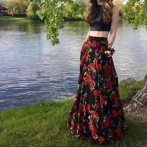 Two piece leather and rose print prom dress